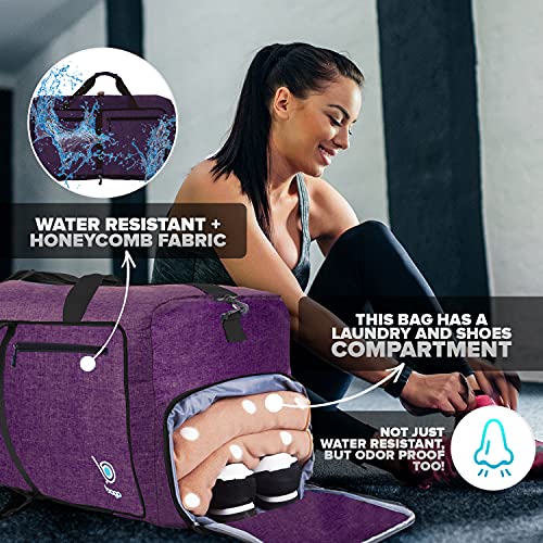 Bago Foldable Duffel Bags for Traveling Women & Men - 60L Medium Packable Duffle Bag for Travel with Shoe Compartment - Water Repellant, Heavy Duty, Lightweight Folding & Collapsible (SnowDepPurple) - Image 4