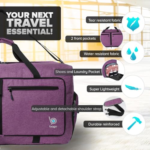 Bago Foldable Duffel Bags for Traveling Women & Men - 60L Medium Packable Duffle Bag for Travel with Shoe Compartment - Water Repellant, Heavy Duty, Lightweight Folding & Collapsible (SnowDepPurple) - Image 3