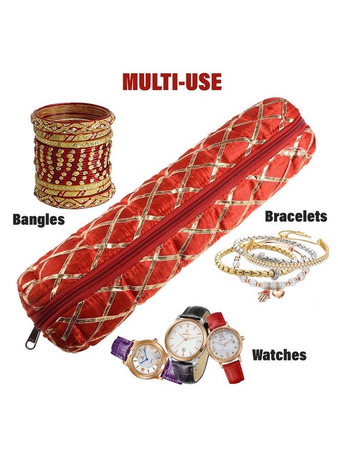 Kuber Industries Kuber Industries Single Rod Bangle Box | Polyester Gota Check Design Watch Organizer | Travelling Bracelets Organizer with Zipper | Red  - Image 4