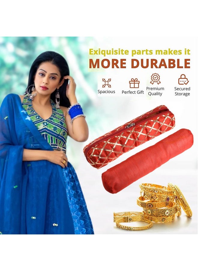 Kuber Industries Kuber Industries Single Rod Bangle Box | Polyester Gota Check Design Watch Organizer | Travelling Bracelets Organizer with Zipper | Red  - Image 5