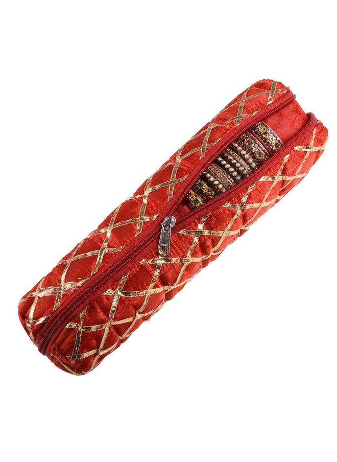 Kuber Industries Kuber Industries Single Rod Bangle Box | Polyester Gota Check Design Watch Organizer | Travelling Bracelets Organizer with Zipper | Red  - Image 1