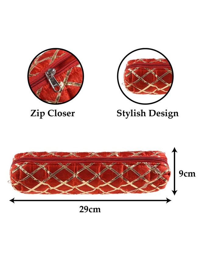 Kuber Industries Kuber Industries Single Rod Bangle Box | Polyester Gota Check Design Watch Organizer | Travelling Bracelets Organizer with Zipper | Red  - Image 3