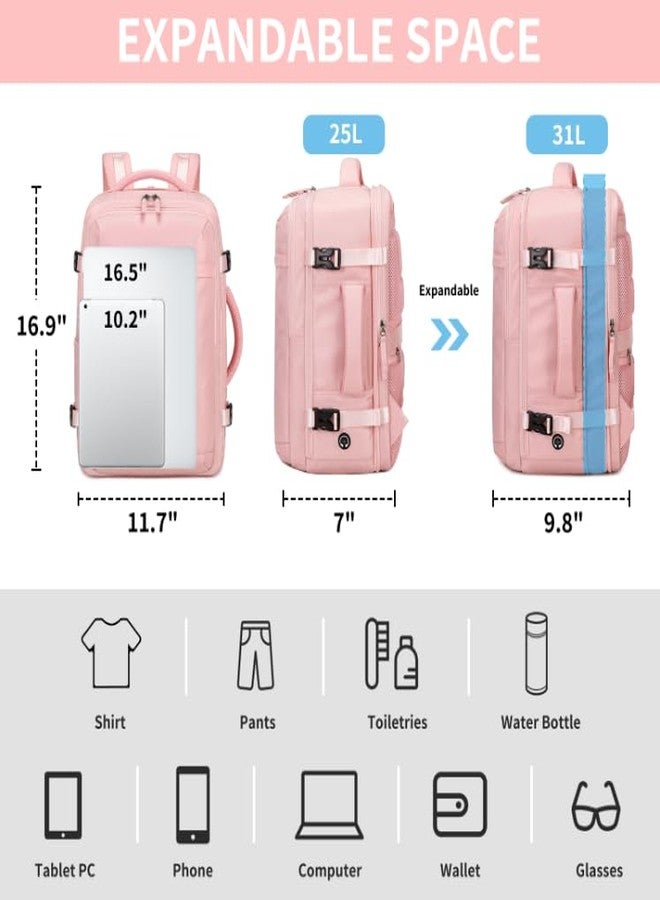 ASKSKY Women’s Expandable Travel Backpack, 25-31L Flight Approved Carry On Daypack with Laptop Compartment & Wet Pouch, Water-Resistant Overnight Bag for Short Trips, Pink - Image 2