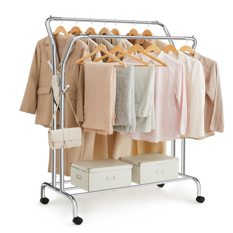 حامل ملابس SONGMICS رف ملابس مزدوج حامل ملابس معدني ثقيل مع عجلات ورف سعة 100 كجم أقصى تحميل 1035 سم عرض تخزين الملابس فضي HSR107E01