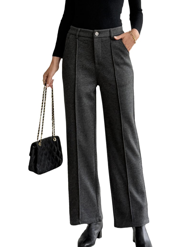 heipeiwa Women's Wool Blend Vintage Tweed Soft Winter Pants Fleece Lined Thermal Wide Leg Casual Dress Trouser Darkgrey - Image 1