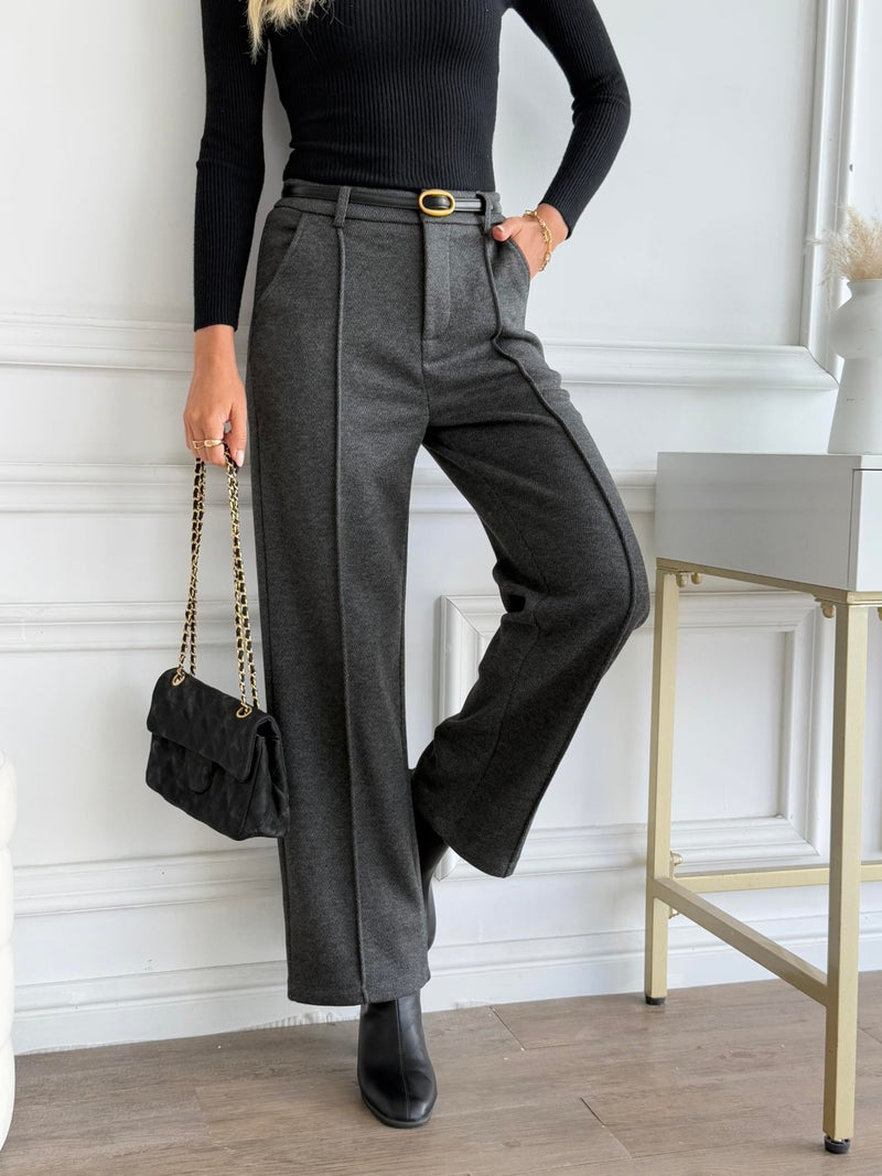 heipeiwa Women's Wool Blend Vintage Tweed Soft Winter Pants Fleece Lined Thermal Wide Leg Casual Dress Trouser Darkgrey - Image 2