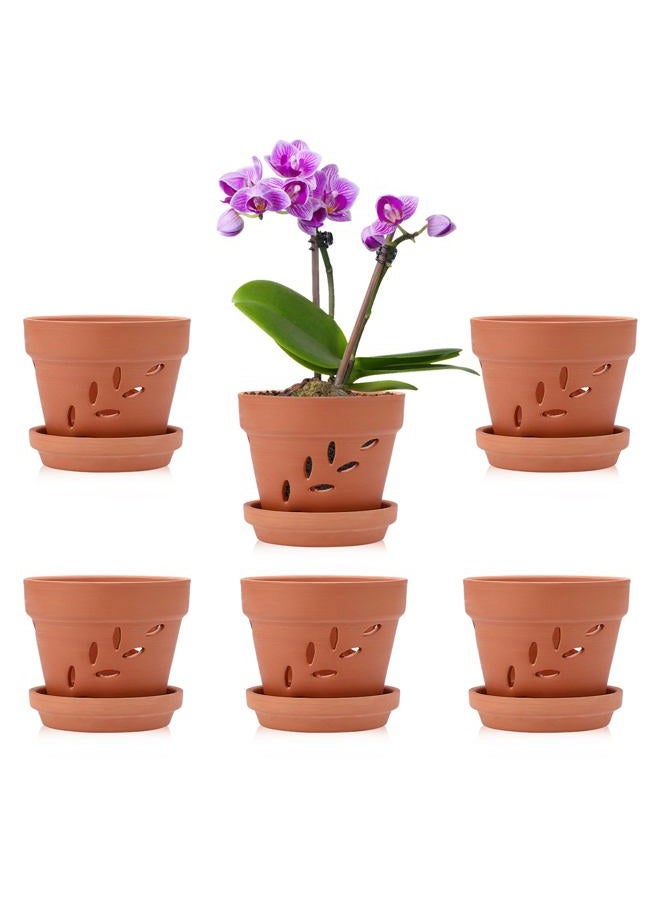 JUXYES 6 Pack Small Terracotta Orchid Pots with Holes and Saucers, Clay Orchid Planter Pots for Repotting, Plant Flower Pots for Orchid Indoor and Outdoor Promotes Air Circulation, 4 Inches - Image 1