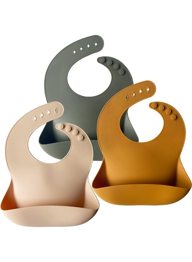 Moonkie Silicone Bibs Set Of 3, BPA Free Soft Adjustable Fit Waterproof Feeding Bibs for Babies and Toddlers(Cream/Buck/Olive Green) - Image 1