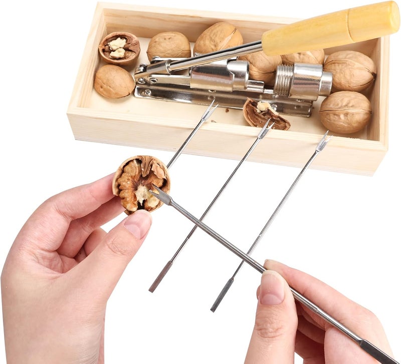 NovelBee Nutcracker Heavy Duty Nut cracker Pecan Cracker Walnut Cracker Tool with Rectangular Wood Box Bowl,Wood Handle and 4 Picks - Image 4