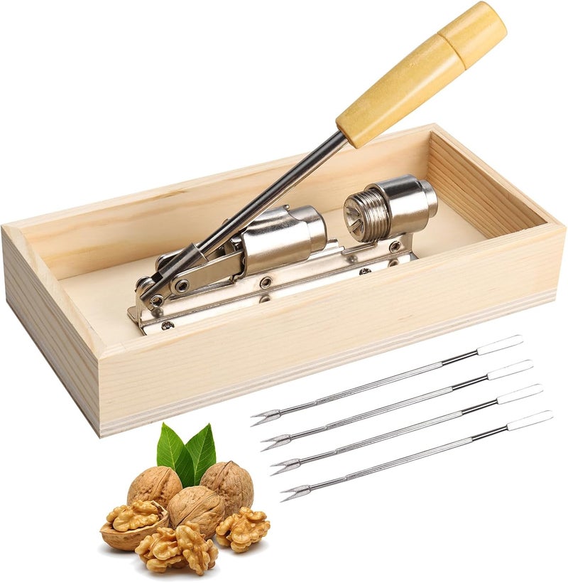 NovelBee Nutcracker Heavy Duty Nut cracker Pecan Cracker Walnut Cracker Tool with Rectangular Wood Box Bowl,Wood Handle and 4 Picks - Image 1
