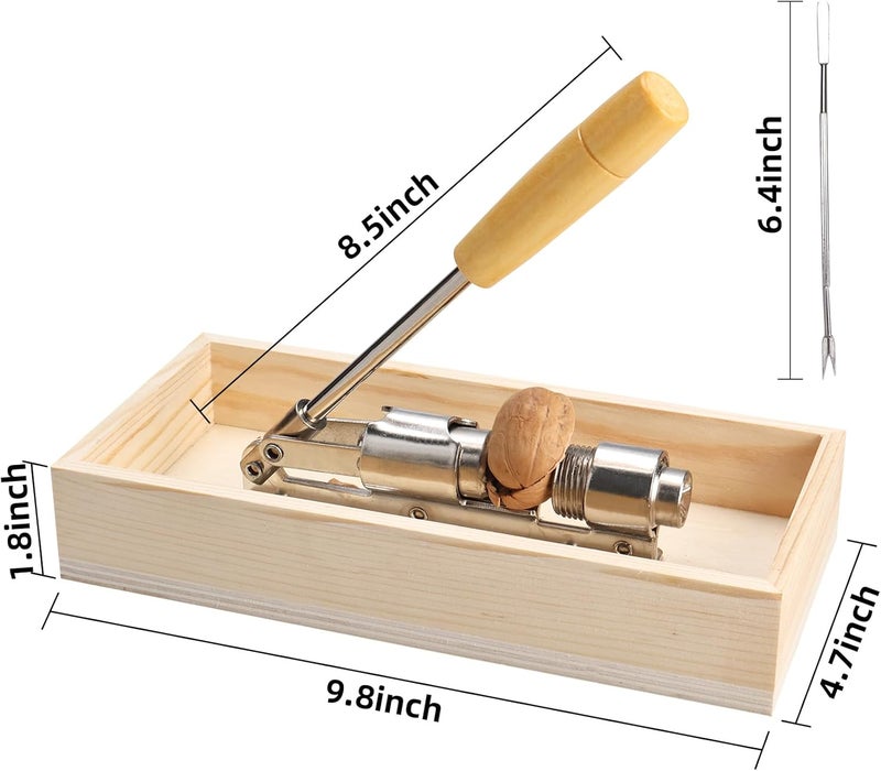 NovelBee Nutcracker Heavy Duty Nut cracker Pecan Cracker Walnut Cracker Tool with Rectangular Wood Box Bowl,Wood Handle and 4 Picks - Image 2