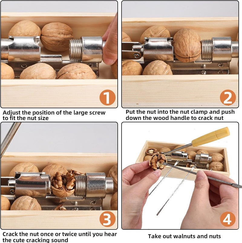 NovelBee Nutcracker Heavy Duty Nut cracker Pecan Cracker Walnut Cracker Tool with Rectangular Wood Box Bowl,Wood Handle and 4 Picks - Image 3