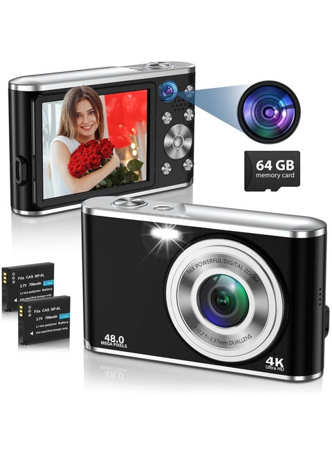 UHD 4K Digital Camera with Front and Rear Camera, Autofocus 48MP 16X Digital Zoom Vlogging Camera with 64GB Card and 2 Batteries, 2.8 Inch Screen Compact Photo Shoot Camera for Beginners(Black)