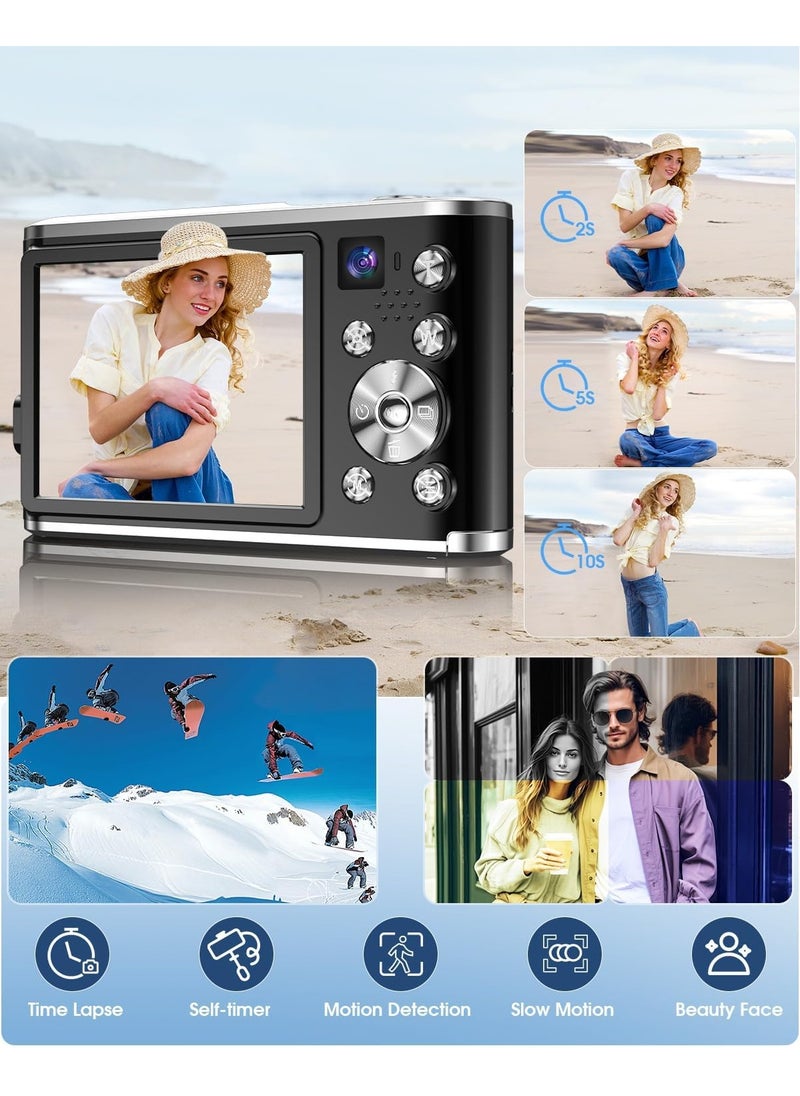 KADIP - UHD 4K Digital Camera with Front and Rear Camera, Autofocus 48MP 16X Digital Zoom Vlogging Camera with 64GB Card and 2 Batteries, 2.8 Inch Screen Compact Photo Shoot Camera for Beginners(Black) - Image 1
