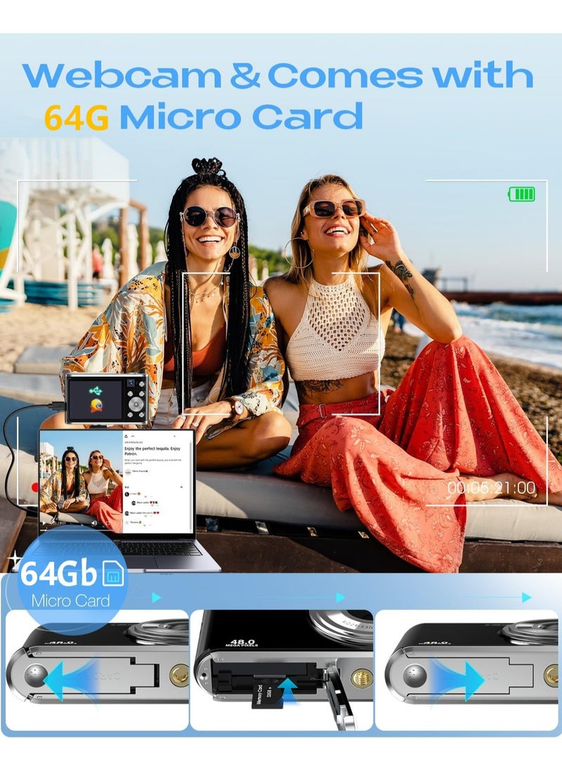 KADIP - UHD 4K Digital Camera with Front and Rear Camera, Autofocus 48MP 16X Digital Zoom Vlogging Camera with 64GB Card and 2 Batteries, 2.8 Inch Screen Compact Photo Shoot Camera for Beginners(Black) - Image 1