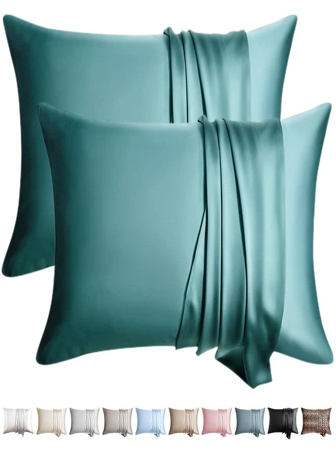 WLOSJ 100% Silk Pillow Cases 2 Pack Standard Size Mulberry Silk Pillowcase for Hair and Skin Set of 2 with Hidden Zipper, Teal - Image 1