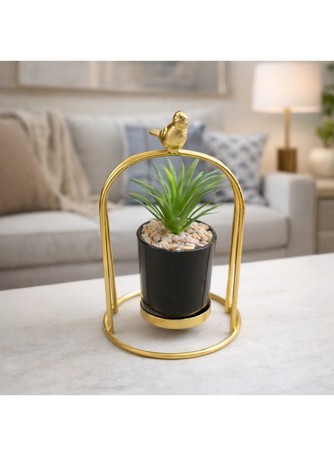 Golden "Bird on Arch" Metal Stand  Elevate your interior aesthetics with this exquisite decorative planter. A perfect blend of minimalist gold accents and lush greenery, designed to bring a touch of sophisticated nature to any modern setting - Image 1