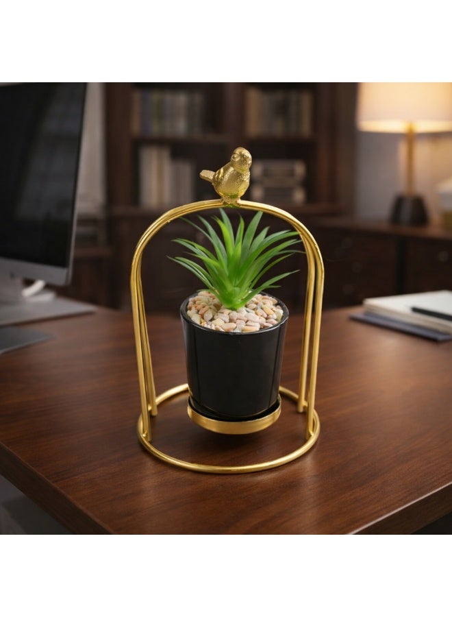 Golden "Bird on Arch" Metal Stand  Elevate your interior aesthetics with this exquisite decorative planter. A perfect blend of minimalist gold accents and lush greenery, designed to bring a touch of sophisticated nature to any modern setting - Image 3