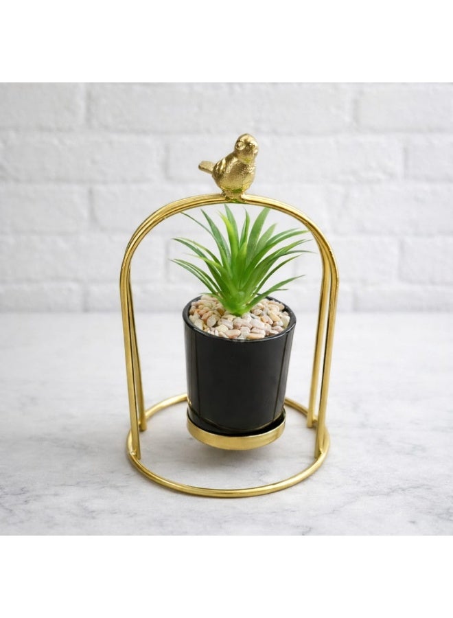 Golden "Bird on Arch" Metal Stand  Elevate your interior aesthetics with this exquisite decorative planter. A perfect blend of minimalist gold accents and lush greenery, designed to bring a touch of sophisticated nature to any modern setting - Image 2