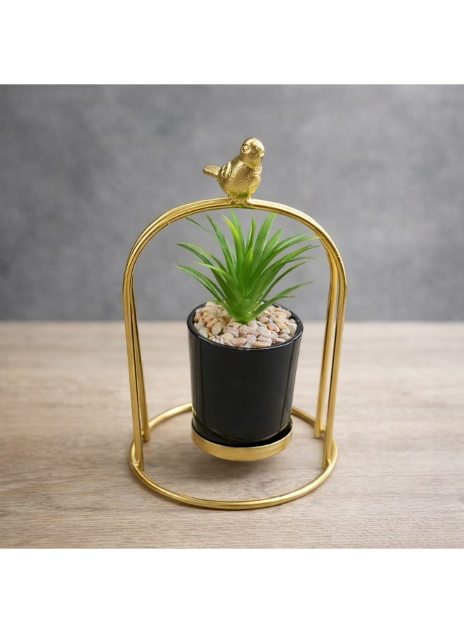 Golden "Bird on Arch" Metal Stand  Elevate your interior aesthetics with this exquisite decorative planter. A perfect blend of minimalist gold accents and lush greenery, designed to bring a touch of sophisticated nature to any modern setting - Image 4