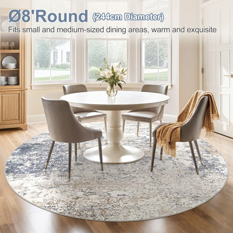 DMOYEST 8ft Round Area Rug Living Room Rugs - 8x8 Washable Large Soft Indoor Neutral Modern Abstract Low Pile Rug Carpet for Bedroom Dining Room Farmhouse Home Office - Beige Blue - Image 2