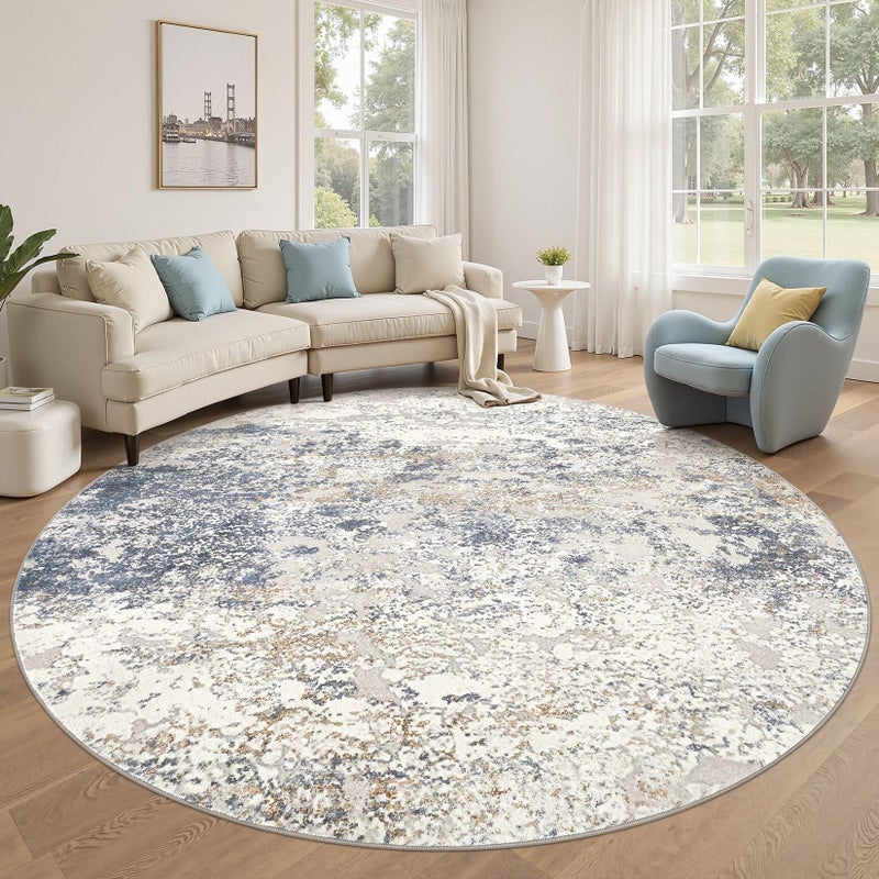 DMOYEST 8ft Round Area Rug Living Room Rugs - 8x8 Washable Large Soft Indoor Neutral Modern Abstract Low Pile Rug Carpet for Bedroom Dining Room Farmhouse Home Office - Beige Blue - Image 1