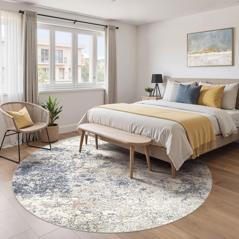 DMOYEST 8ft Round Area Rug Living Room Rugs - 8x8 Washable Large Soft Indoor Neutral Modern Abstract Low Pile Rug Carpet for Bedroom Dining Room Farmhouse Home Office - Beige Blue - Image 3