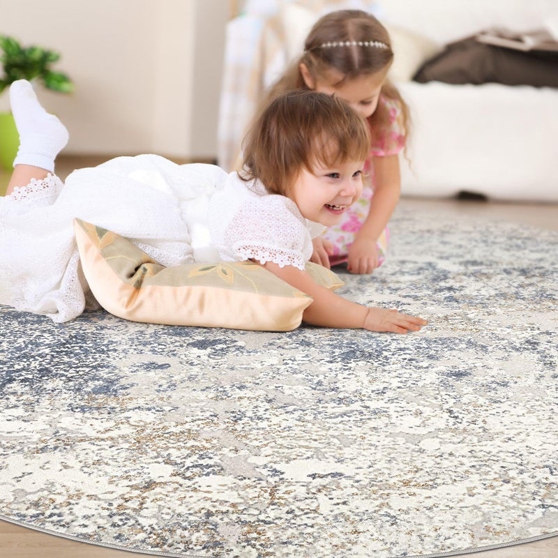 DMOYEST 8ft Round Area Rug Living Room Rugs - 8x8 Washable Large Soft Indoor Neutral Modern Abstract Low Pile Rug Carpet for Bedroom Dining Room Farmhouse Home Office - Beige Blue - Image 4