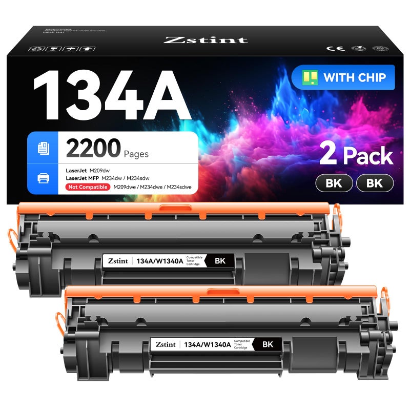 Zstint 134A W1340A Black Toner Cartridge Set 2-Pack High Yield with Chip Replacement for HP 134A W1340A 134X W1340X Toner Cartridge Compatible with HP Laserjet M209dw MFP M234dw M234sdw M234sdn Printer Ink - Image 1