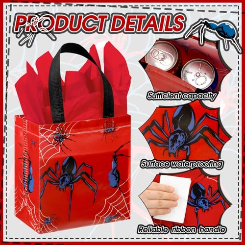 GliCraft 24 Pcs Spider Gift Bags with Tissue Paper Reusable Spider Party Favors Bags with Handle Spider Birthday Party Decorations Double Sided Spider Printed Goodie Candy Bags for Spider Party Favor - Image 4