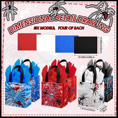GliCraft 24 Pcs Spider Gift Bags with Tissue Paper Reusable Spider Party Favors Bags with Handle Spider Birthday Party Decorations Double Sided Spider Printed Goodie Candy Bags for Spider Party Favor - Image 3