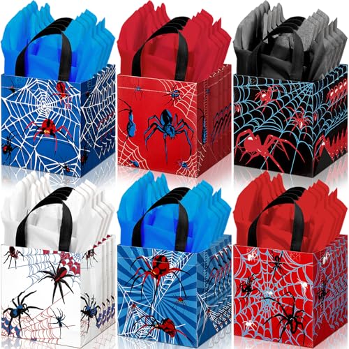 GliCraft 24 Pcs Spider Gift Bags with Tissue Paper Reusable Spider Party Favors Bags with Handle Spider Birthday Party Decorations Double Sided Spider Printed Goodie Candy Bags for Spider Party Favor - Image 1