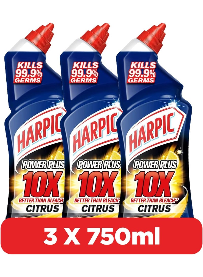 Harpic Power Plus Toilet Cleaner, 10x better than bleach, kills 99.9% of germs, lemon scent, 3-pack, 750ml - Image 1