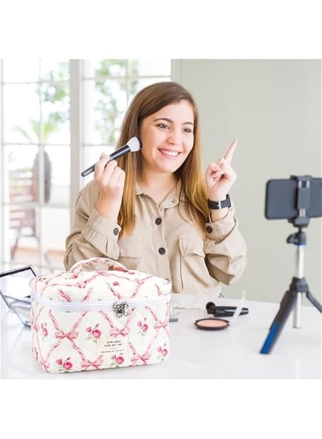 Cotton Quilted Makeup Bag for Women Extra Large Coquette Floral Travel Cosmetic Bag Aesthetic Cute Bow Makeup Pouch Portable Toiletry Bag Organizer Vintage Puffy Essential Storage Bag - Image 2
