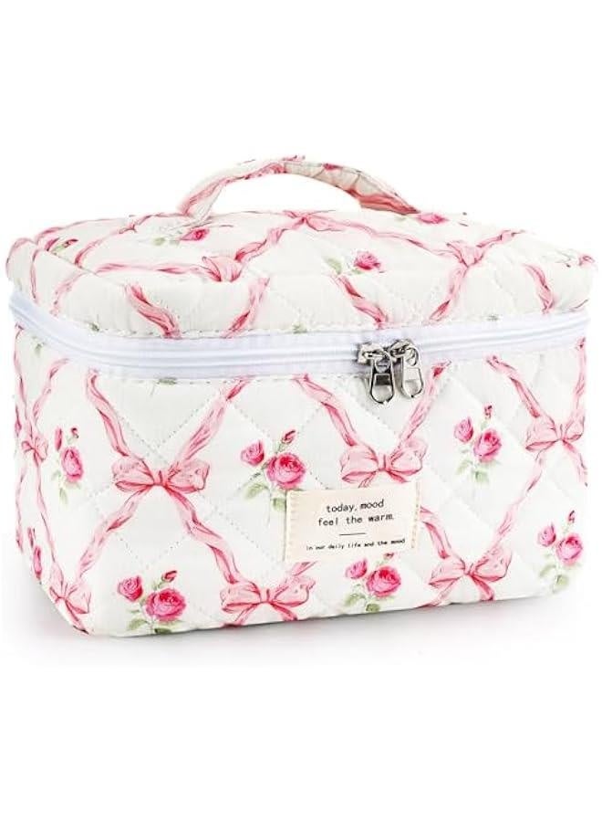 Cotton Quilted Makeup Bag for Women Extra Large Coquette Floral Travel Cosmetic Bag Aesthetic Cute Bow Makeup Pouch Portable Toiletry Bag Organizer Vintage Puffy Essential Storage Bag - Image 1