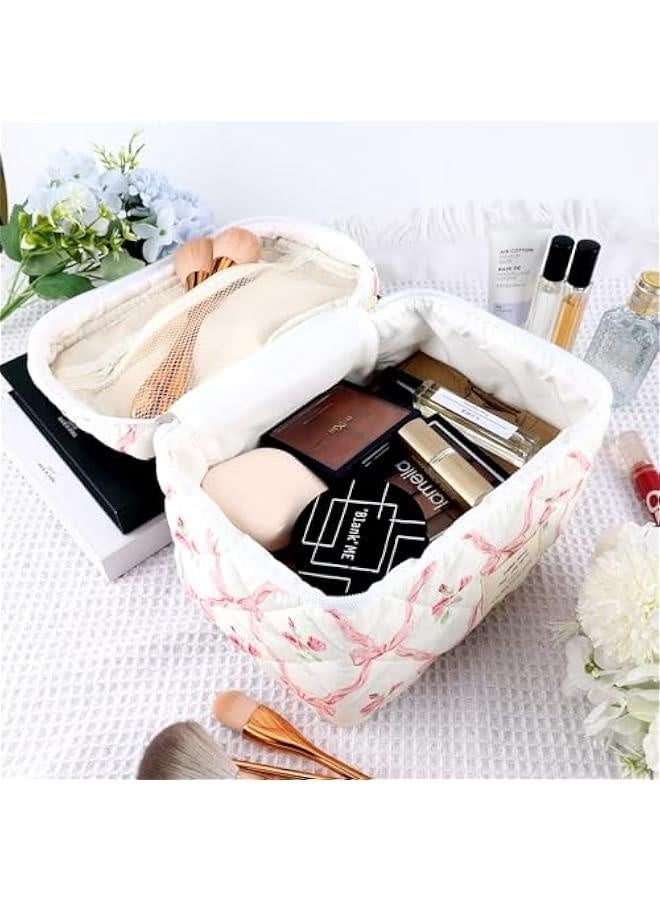 Cotton Quilted Makeup Bag for Women Extra Large Coquette Floral Travel Cosmetic Bag Aesthetic Cute Bow Makeup Pouch Portable Toiletry Bag Organizer Vintage Puffy Essential Storage Bag - Image 4
