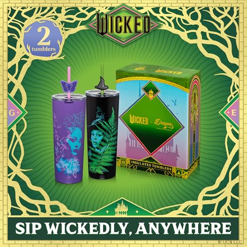 Dragon Glassware Wicked: For Good 2-Pack 24 oz Vacuum Insulated Tumbler with Lid and Straw - Set of 2 Tumblers with 4 Straws and Toppers - Official Wicked Merch - For Good - Image 2