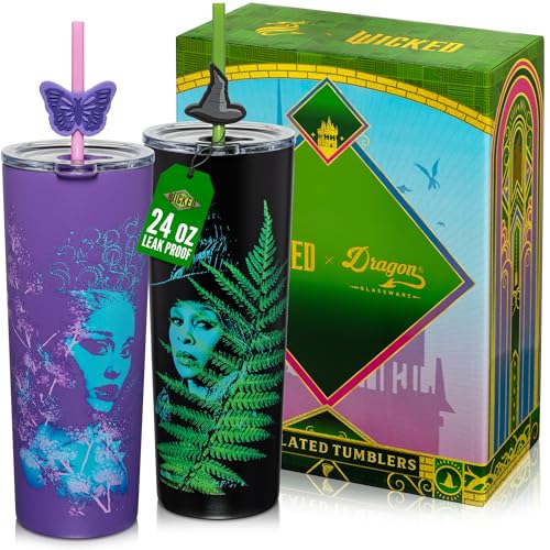Dragon Glassware Wicked: For Good 2-Pack 24 oz Vacuum Insulated Tumbler with Lid and Straw - Set of 2 Tumblers with 4 Straws and Toppers - Official Wicked Merch - For Good - Image 1