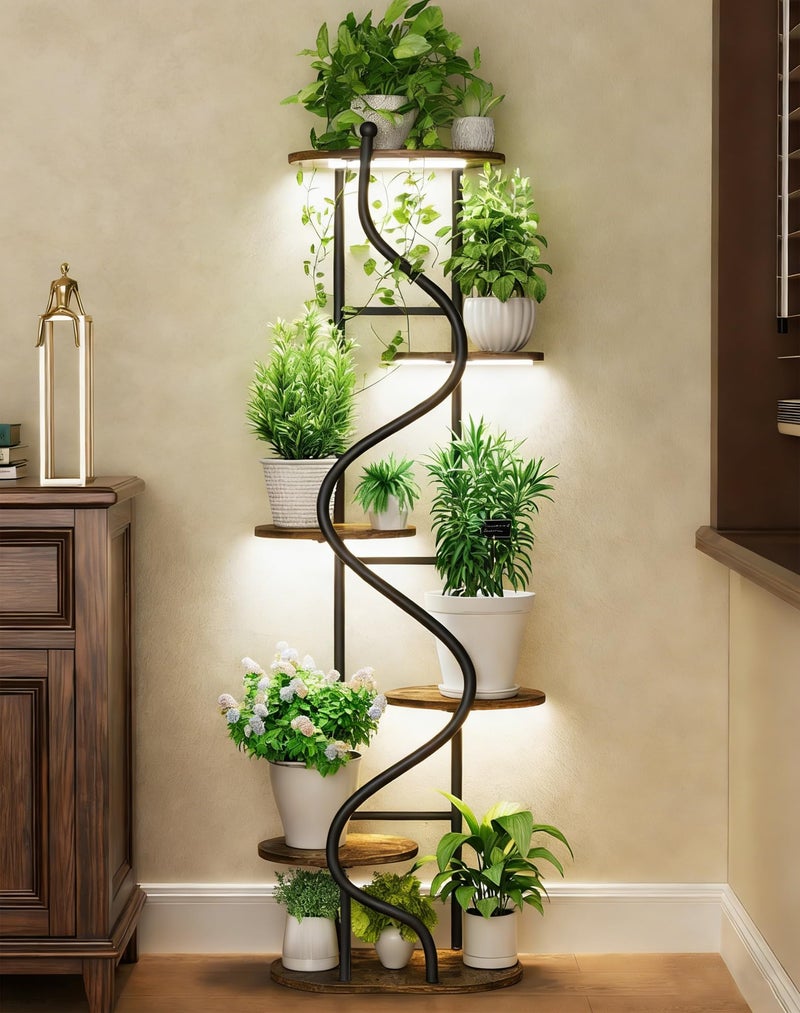Hongsane Plant Stand Indoor with Grow Light,63" Tall Plant Shelf w/ 4-Head Grow Lights,Corner Plant Stands for Multi Plants,6 Tiered Large Plant Holders,Metal S-Shaped Plant Rack for Home Office Patio - Image 1
