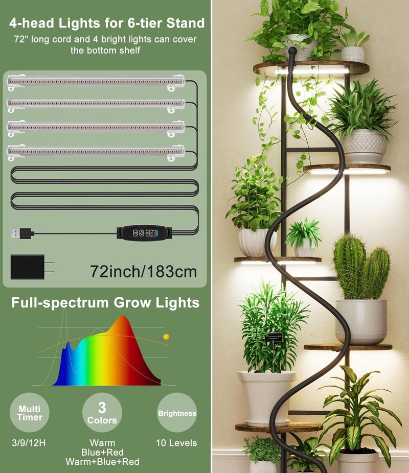Hongsane Plant Stand Indoor with Grow Light,63" Tall Plant Shelf w/ 4-Head Grow Lights,Corner Plant Stands for Multi Plants,6 Tiered Large Plant Holders,Metal S-Shaped Plant Rack for Home Office Patio - Image 5