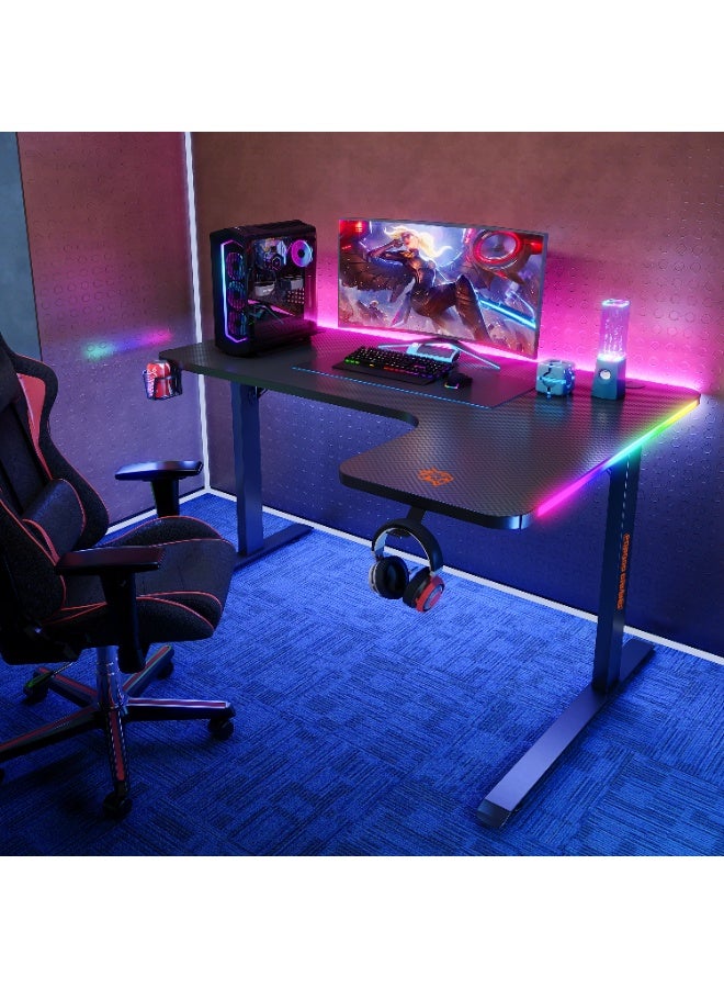 بورودو مكتب ألعاب كبير مريح على شكل حرف L، مكتب ألعاب منزلي بطول 140 سم مزود بإضاءة RGB، طاولة ألعاب زاوية مع خطاف لسماعات الرأس وحامل أكواب، مكتب ألعاب منزلي، طاولة مقاومة للماء، سهل التركيب - Image 2