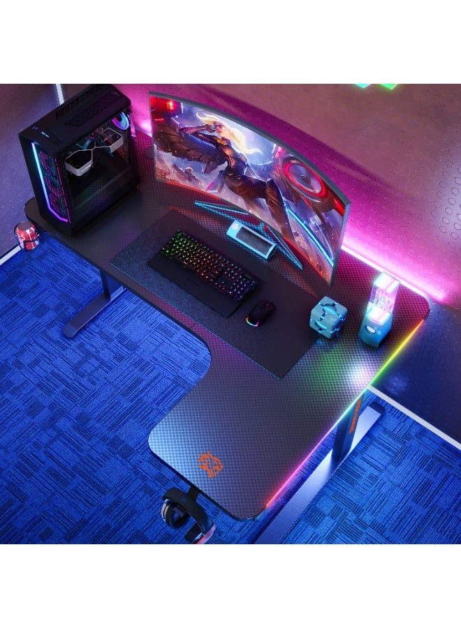 بورودو مكتب ألعاب كبير مريح على شكل حرف L، مكتب ألعاب منزلي بطول 140 سم مزود بإضاءة RGB، طاولة ألعاب زاوية مع خطاف لسماعات الرأس وحامل أكواب، مكتب ألعاب منزلي، طاولة مقاومة للماء، سهل التركيب - Image 3