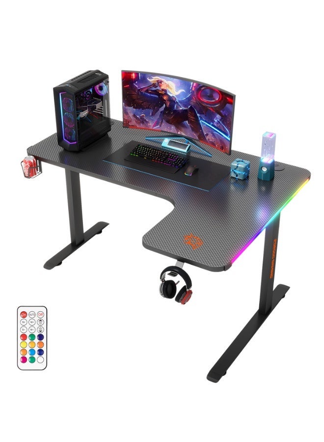 porodo L-Shaped Ergonomic Large Gaming Desk, 140cm  x 100cm with 74cm Hight Home Gaming Desk with RGB Lights, Corner Gaming Table with Headphone Hook & Cup Holder, Home Gaming Desk, Waterproof Table, Easy to Assemble - Image 1