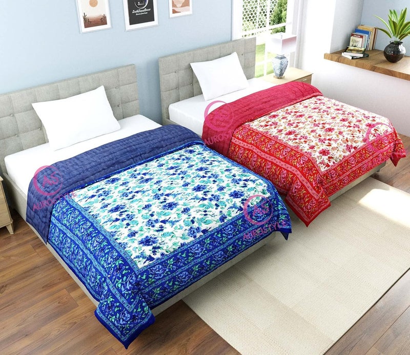 WORLDNEX 400 TC Pure Cotton Fabric/Rajasthani Traditional Designs Printed Light Weight Jaipuri Quilt/Rajai (Design 110, Single Bed-Combo-2-Set) - Image 5