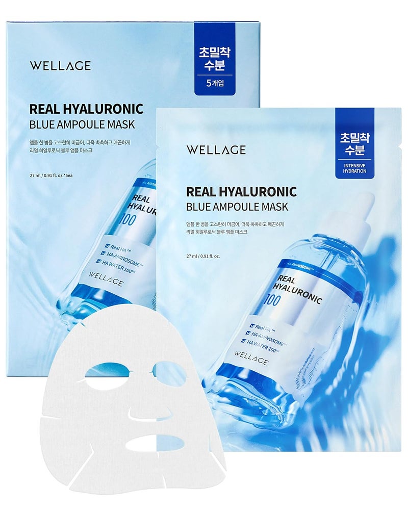 wellage Real Hyaluronic Blue Ampoule Face Mask  Deep Hydration Moisture Boost with 10000ppm UltraLow Molecular Hyaluronic Acid  Soft Vegan Cashmere Sheet for Sensitive Skin 5 Sheets