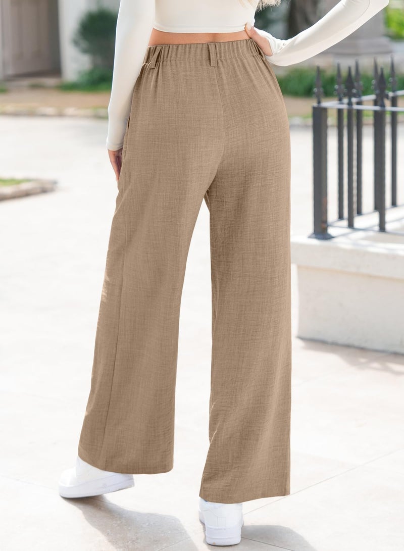 EVALESS Work Pants for Women Summer Linen Texture Business Casual Wide Leg Trousers Khaki High Waisted Flowy Palazzo Pants Ladies 2026 Spring Baggy Office Slacks with Pockets X-Large - Image 3