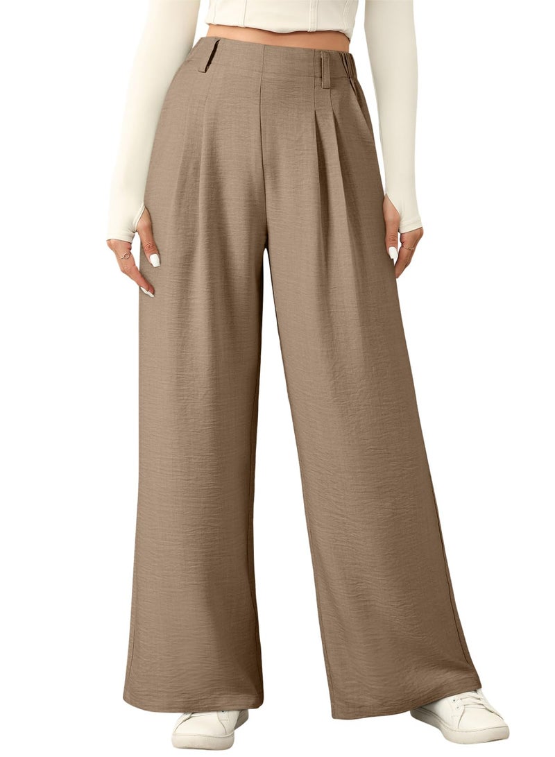 EVALESS Work Pants for Women Summer Linen Texture Business Casual Wide Leg Trousers Khaki High Waisted Flowy Palazzo Pants Ladies 2026 Spring Baggy Office Slacks with Pockets X-Large - Image 1