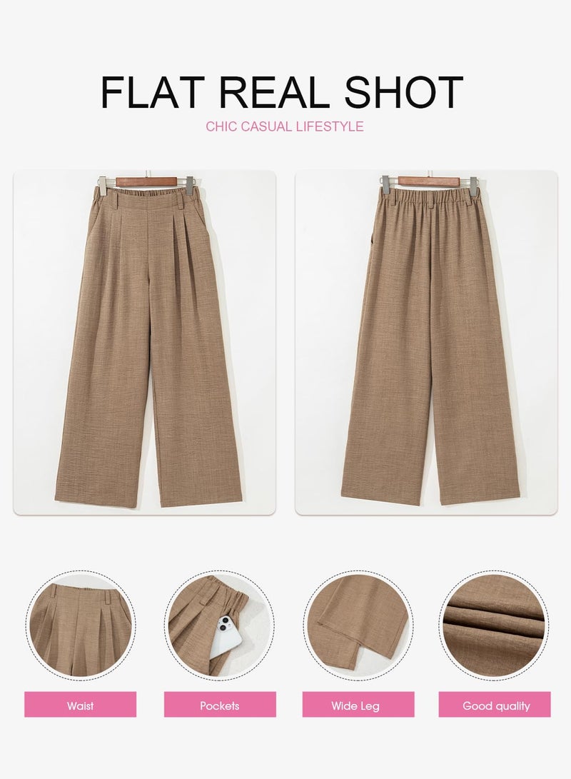 EVALESS Work Pants for Women Summer Linen Texture Business Casual Wide Leg Trousers Khaki High Waisted Flowy Palazzo Pants Ladies 2026 Spring Baggy Office Slacks with Pockets X-Large - Image 5