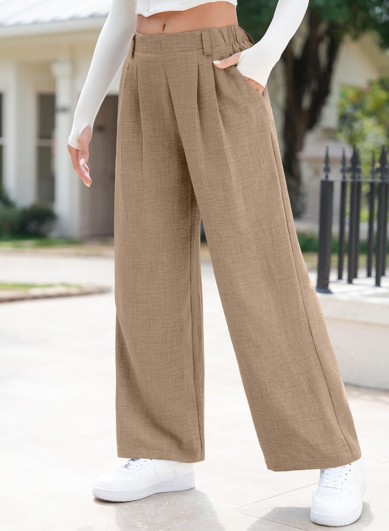 EVALESS Work Pants for Women Summer Linen Texture Business Casual Wide Leg Trousers Khaki High Waisted Flowy Palazzo Pants Ladies 2026 Spring Baggy Office Slacks with Pockets X-Large - Image 2