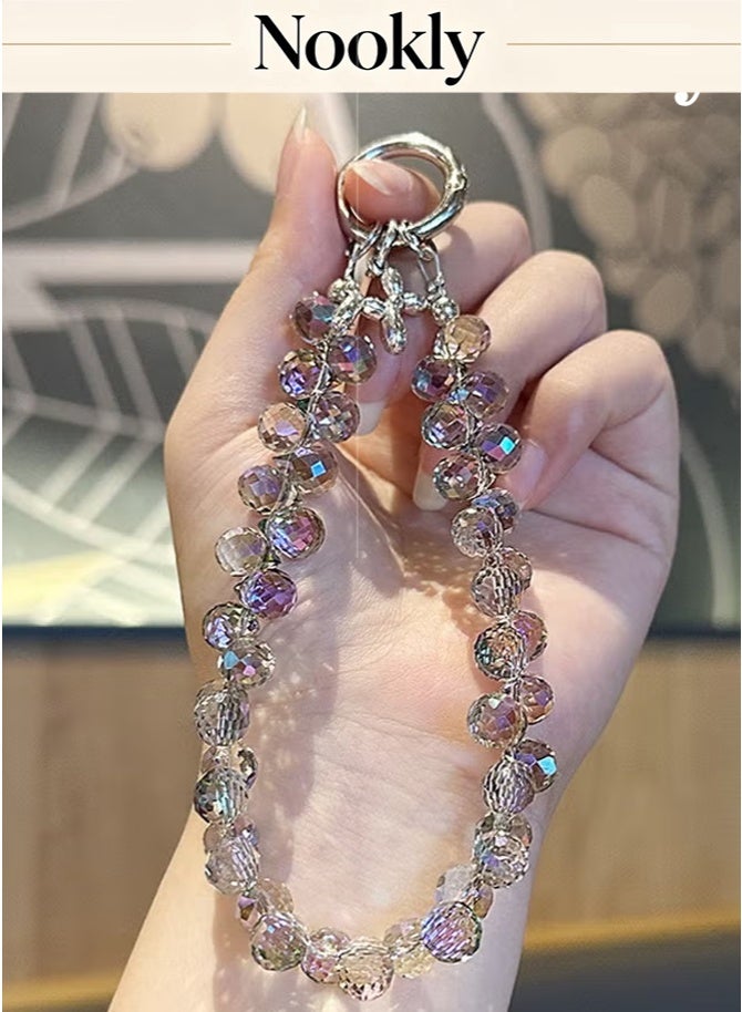 nookly Crystal Phone Strap Lanyard, Grey Transparent Beaded Chain for Mobile & Car Keys, Fashion Bracelet Keychain for Women - Image 1